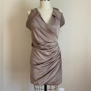 P Luca Pleated Short Taupe Dress with Draped Sleeve Size M